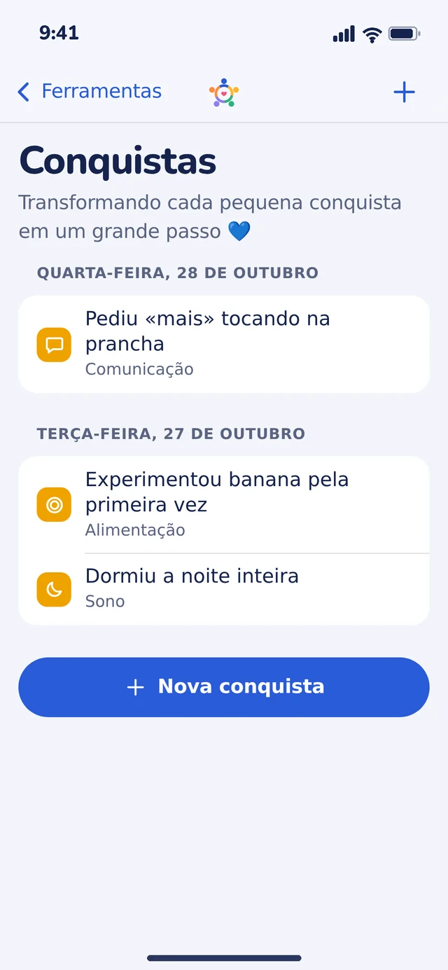 Conquistas da criança registradas com data