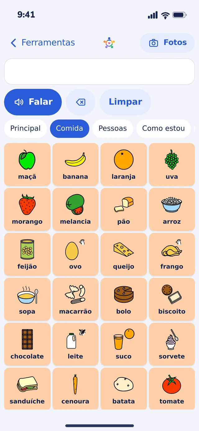 Prancha de comunicação, pasta Comida, com pictogramas coloridos